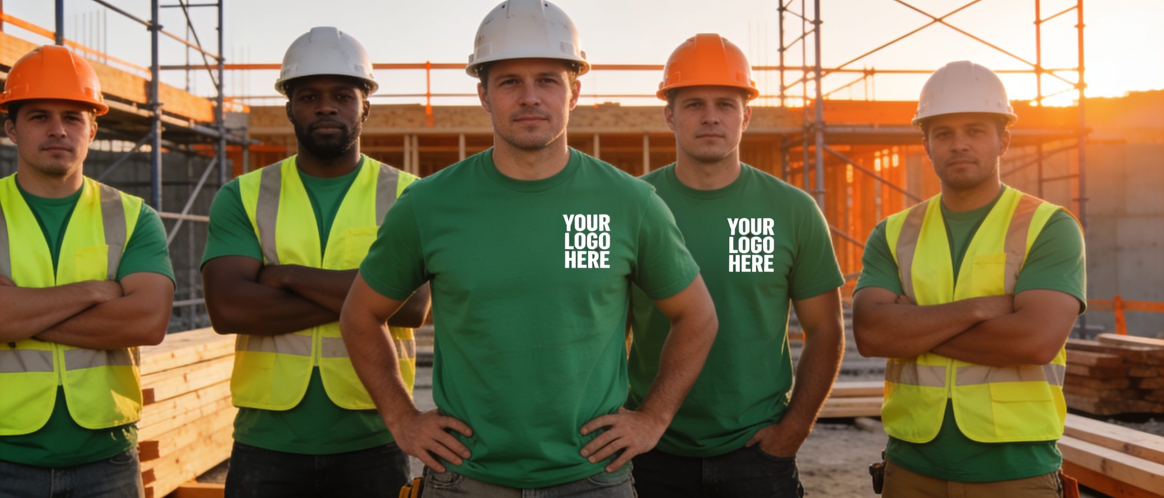 Trade crew wearing custom branded shirts and hi vis vests
